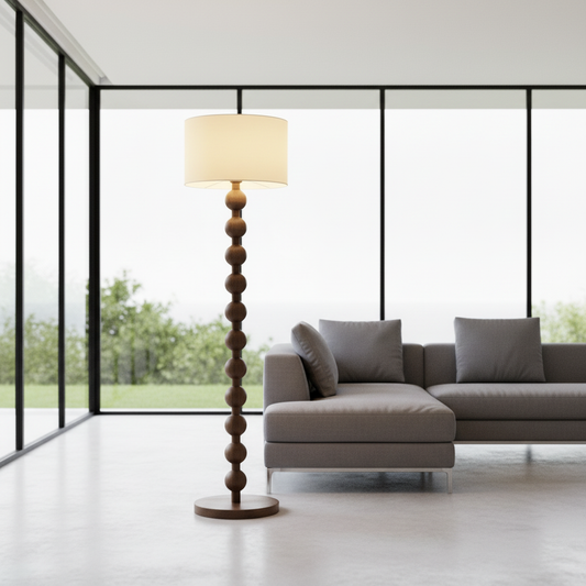 Cusp Floor Lamp with wooden spheres and fabric shade in modern living room