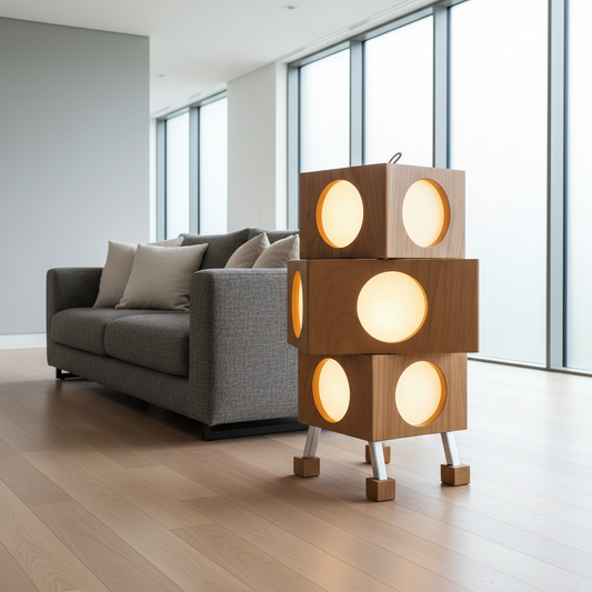 Vesta Floor Lamp glowing softly in modern living room with cherry wood and steel base