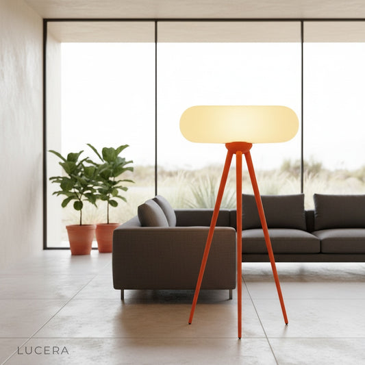 Juncture Floor Lamp with wooden tripod base and white PVC shade in modern living room