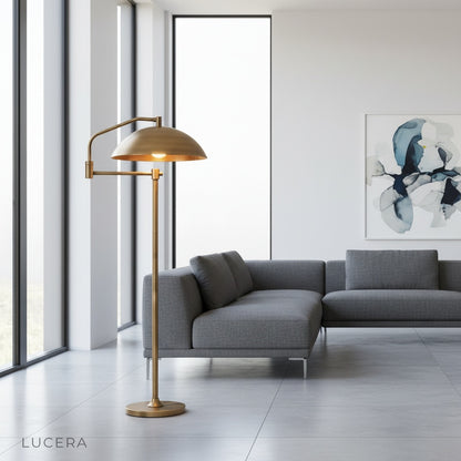 Caledon wide dome floor lamp in modern living room with soft focused glow