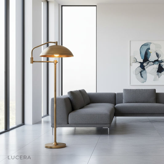 Caledon wide dome floor lamp in modern living room with soft focused glow