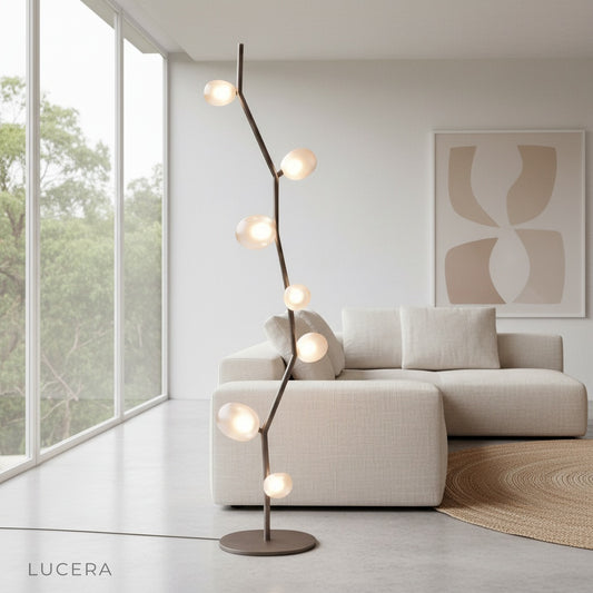 Dahlia floor lamp with bubble glass shades illuminating a modern living room