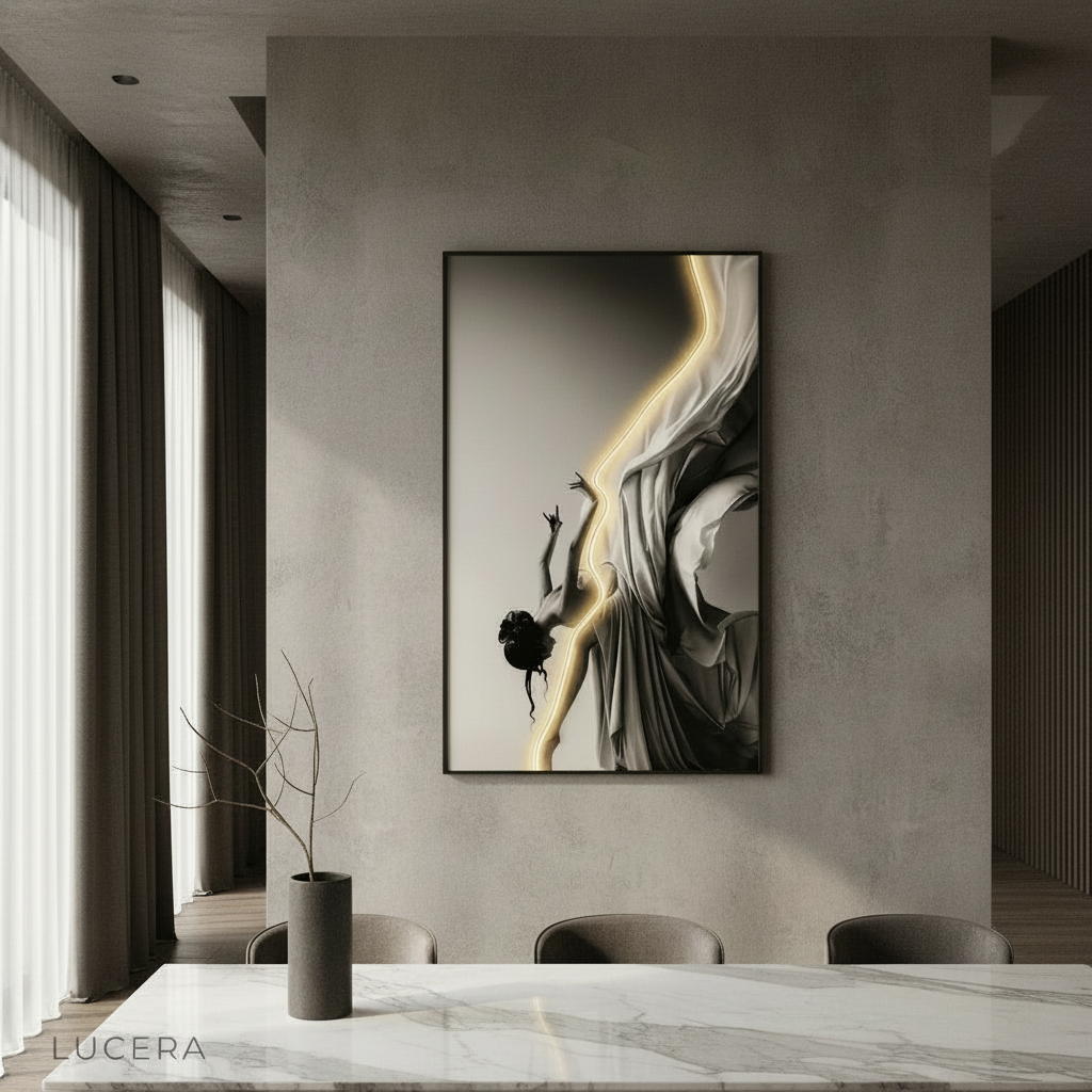 Nordic ballerina wall lamp glowing warmly in modern living room
