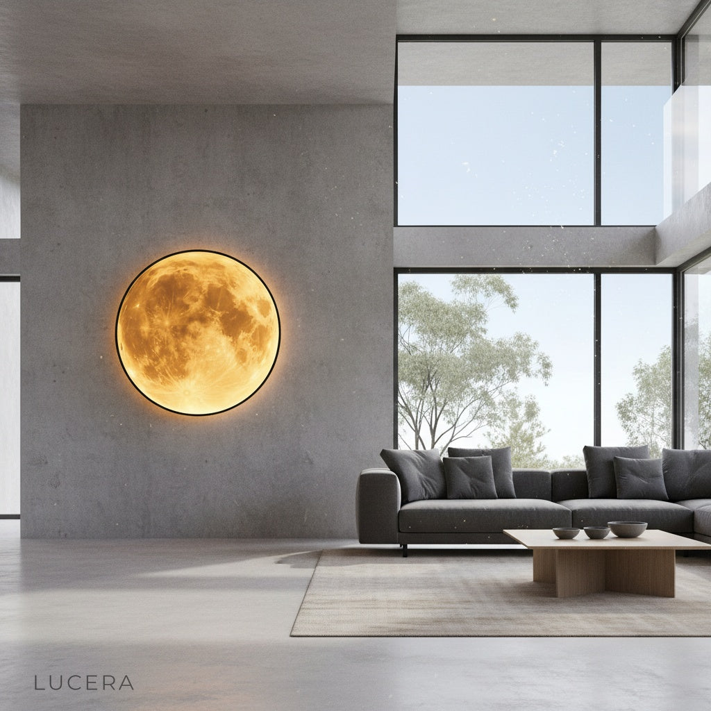 Caspian Moon Wall Lamp glowing in a cozy bedroom above a nightstand with soft evening light