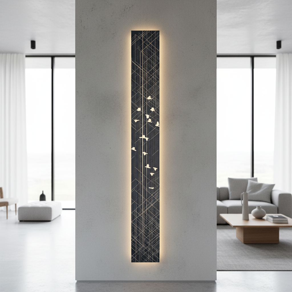 Vela Steel Illuminated Art glowing on a modern living room wall, warm ambient light