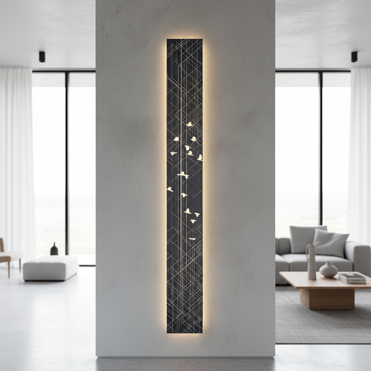 Vela Steel Illuminated Art glowing on a modern living room wall, warm ambient light
