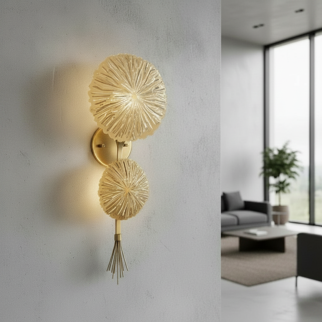 gold metal Sacro illuminated art lamp glowing on modern living room console table