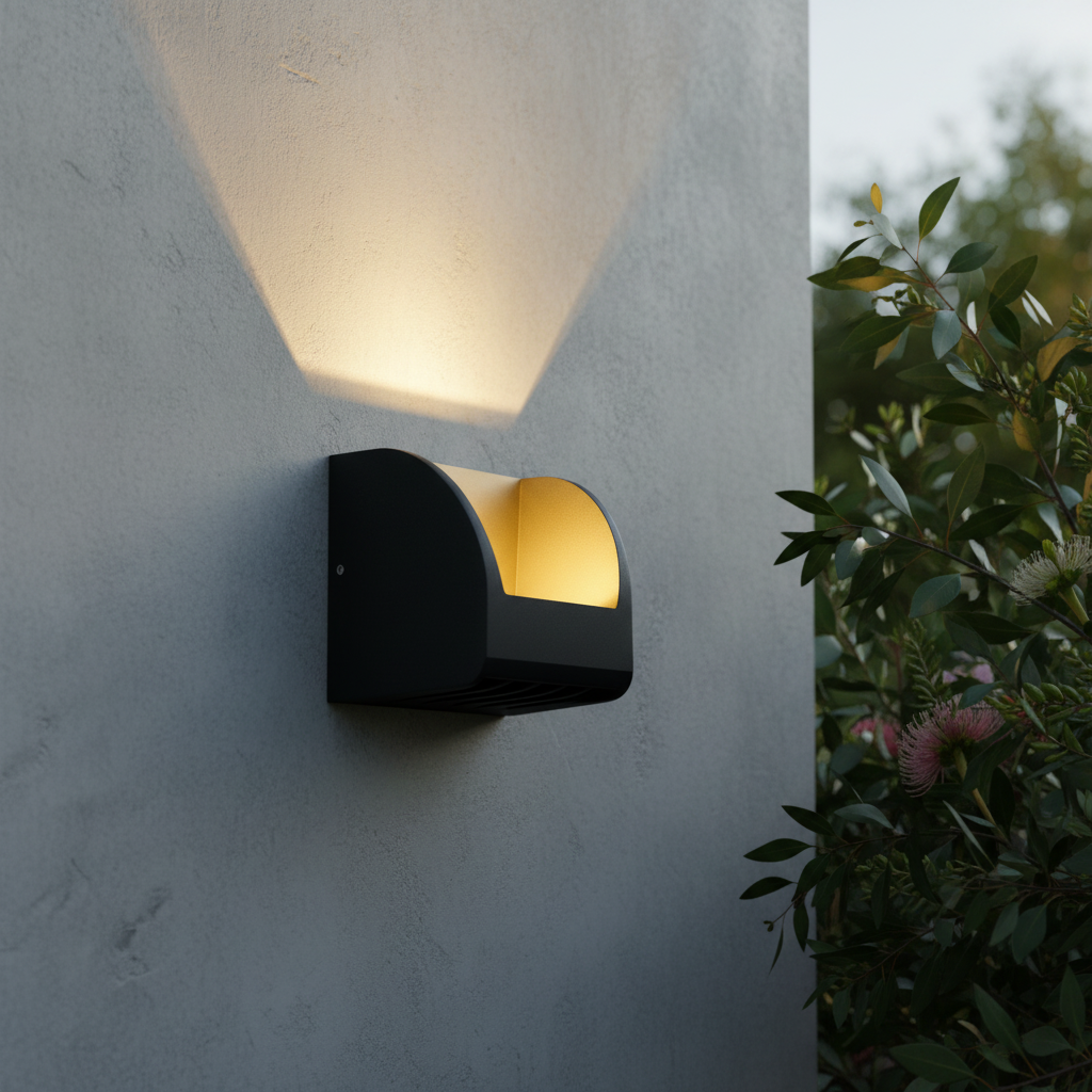 modern black outdoor wall lamp casting up and down light on courtyard facade