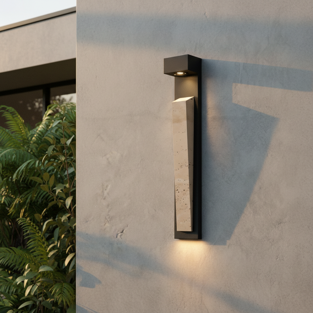 Tequila wall lamp with travertine stone casting warm glow in modern living room