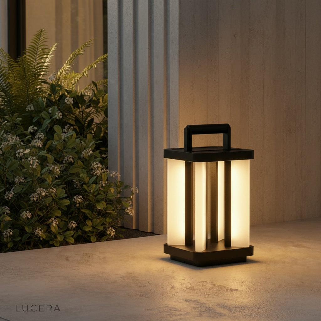 modern stainless steel outdoor lamp illuminating a stone pathway at dusk