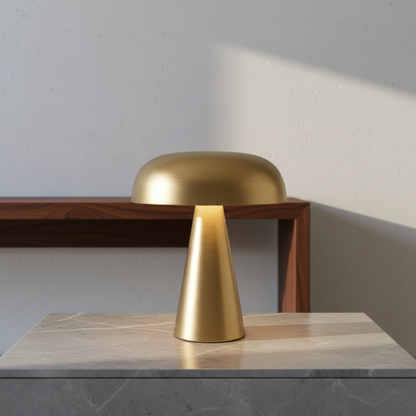 Nenia table lamp glowing on walnut bedside table in cozy bedroom