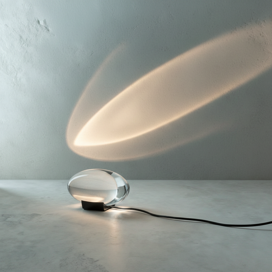 Whet Eye table lamp glowing on modern sideboard in bright living room with sun reflections on wall