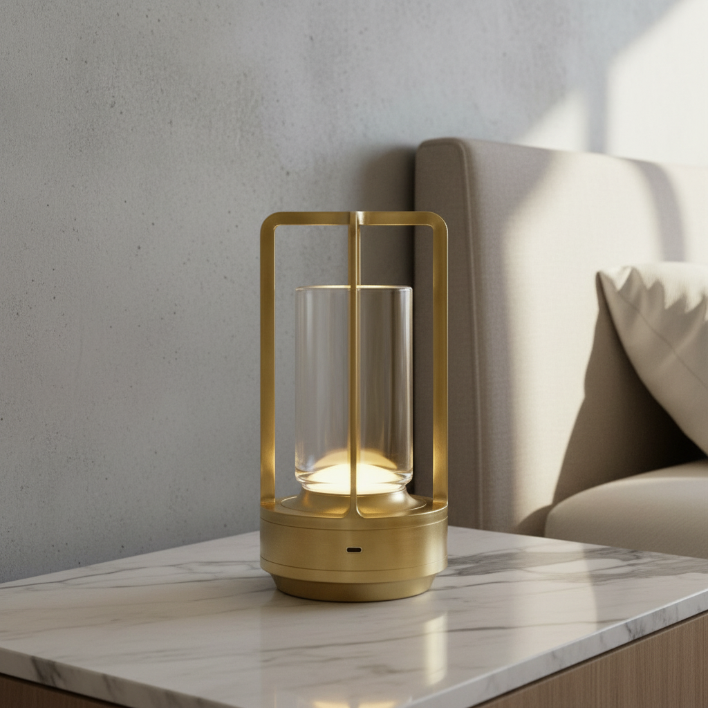 Karmelite Table Lamp glowing on modern sideboard in cozy living room with warm ambient light