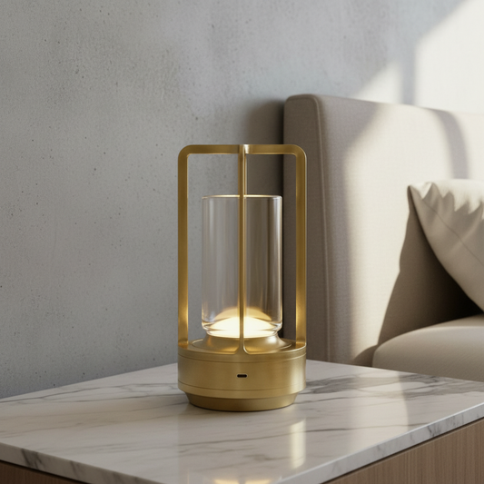 Karmelite Table Lamp glowing on modern sideboard in cozy living room with warm ambient light