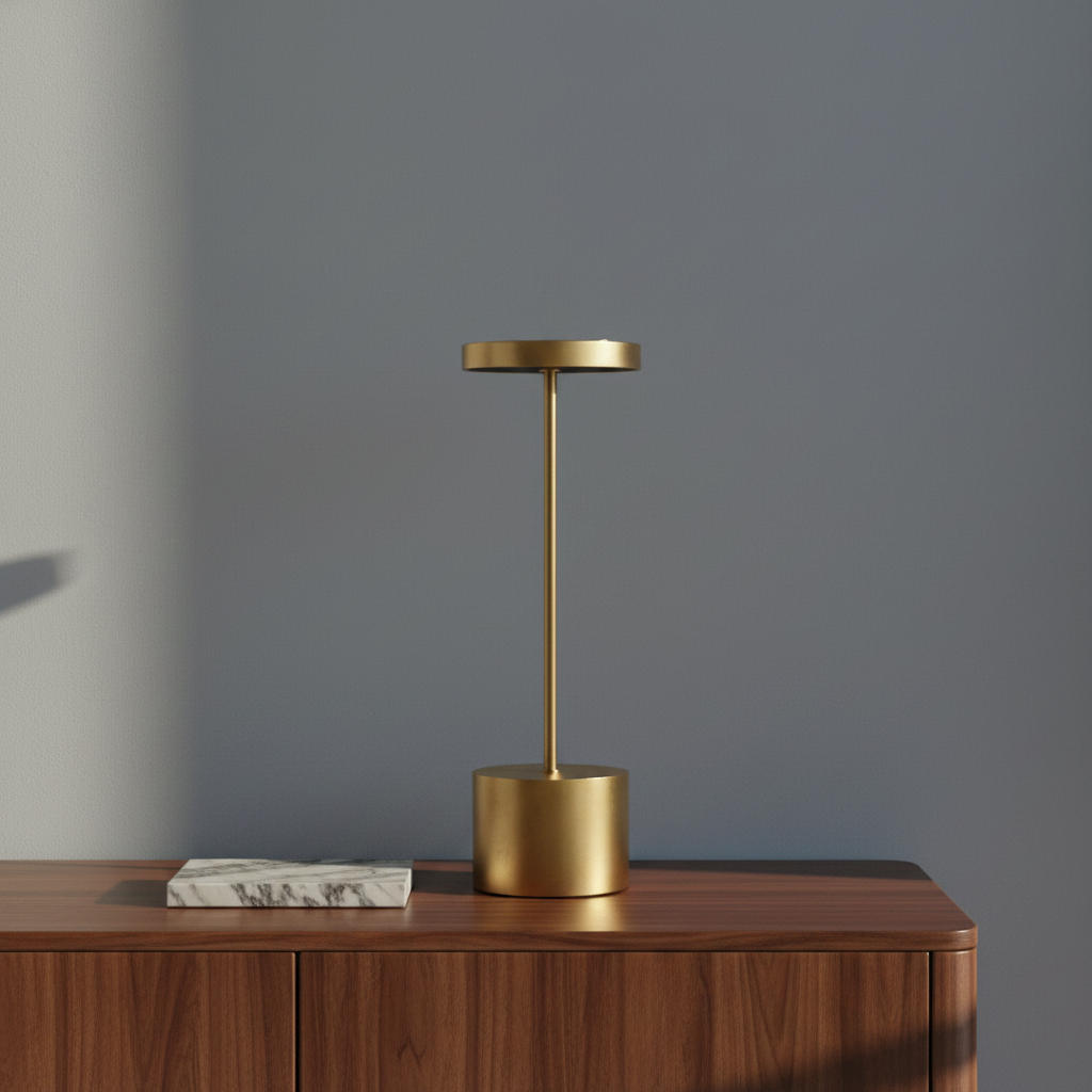 Sinkhole Table Lamp glowing on wooden side table in modern living room