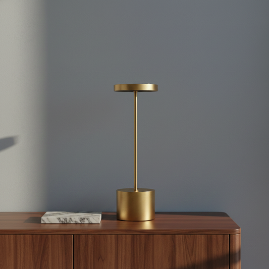 Sinkhole Table Lamp glowing on wooden side table in modern living room
