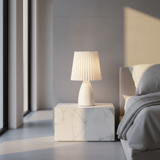 Wistful Table Lamp ceramic base pleated shade on mid-century console in living room