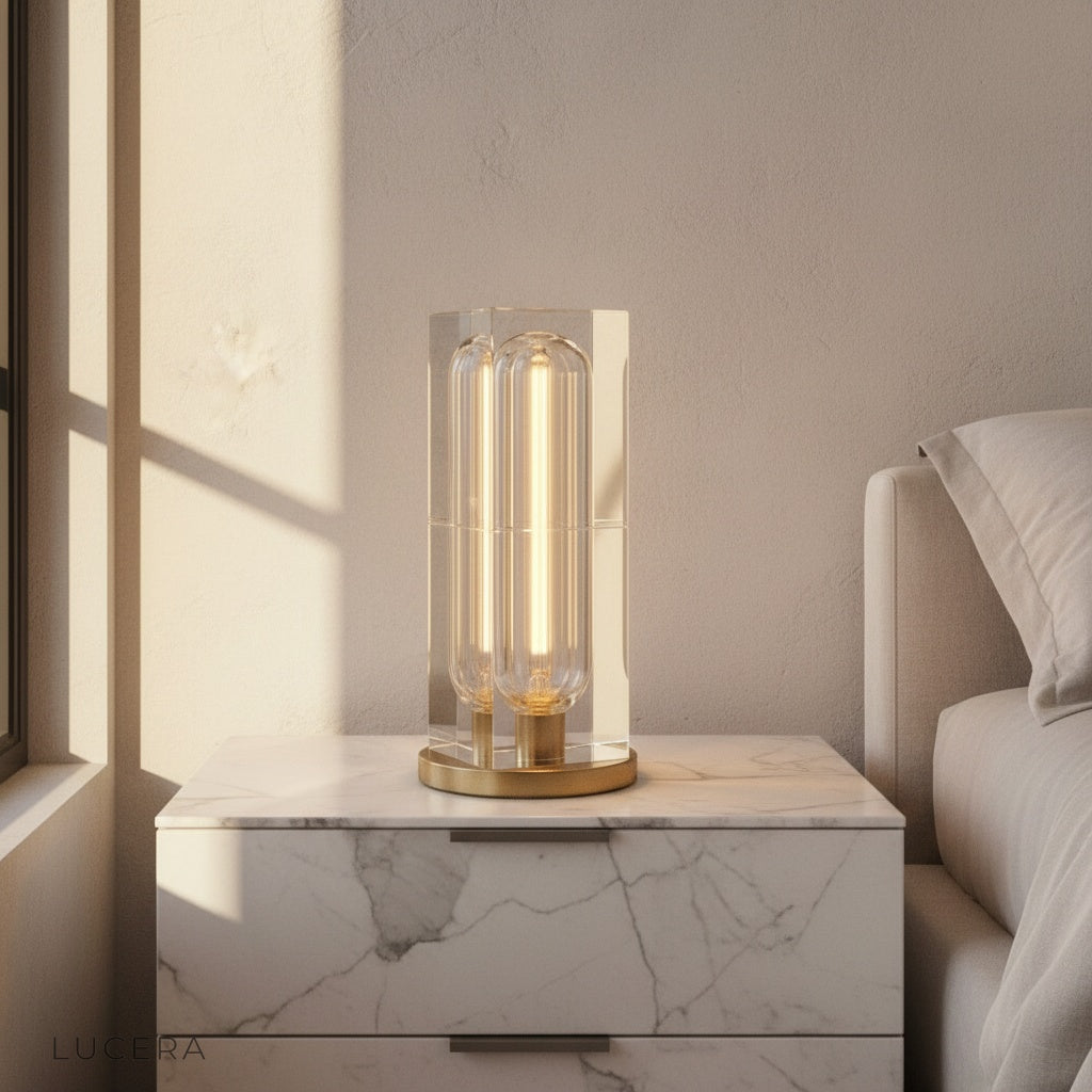 Quarry Table Lamp glowing on modern sideboard in minimalist living room
