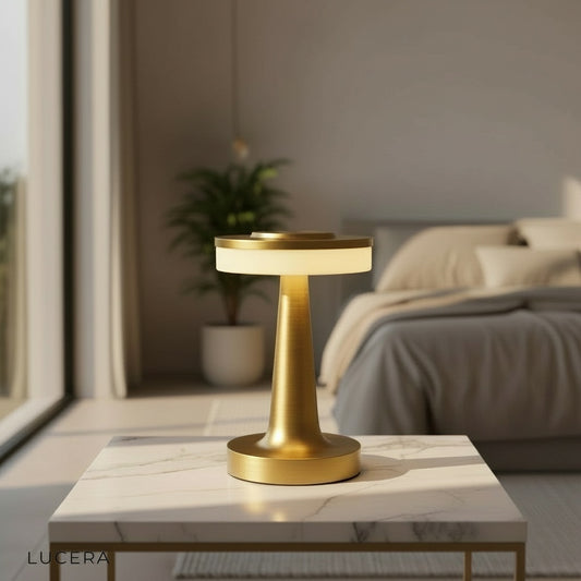 Citadel rechargeable table lamp glowing on modern wooden sideboard in cozy living room