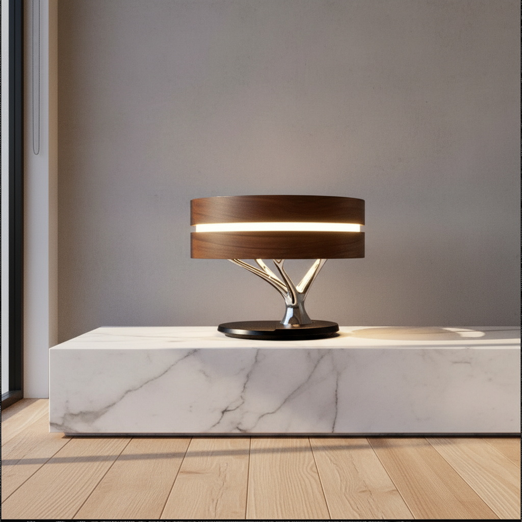 Sanctum table lamp with acrylic shade and maple wood base on modern living room side table
