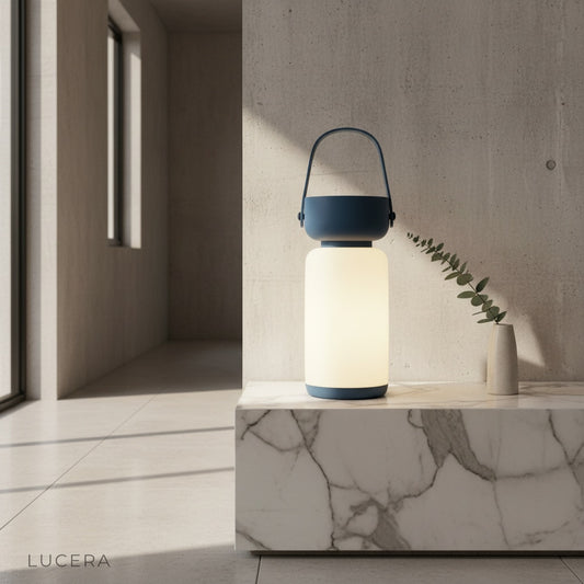Basilica Table Lamp glowing on modern living room sideboard with warm ambient light