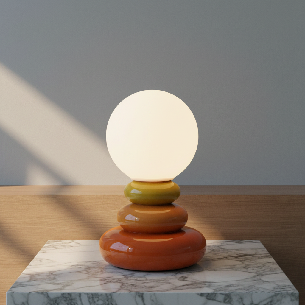 Yellow Ochre Table Lamp on wooden bedside table in cozy bedroom with warm ambient light