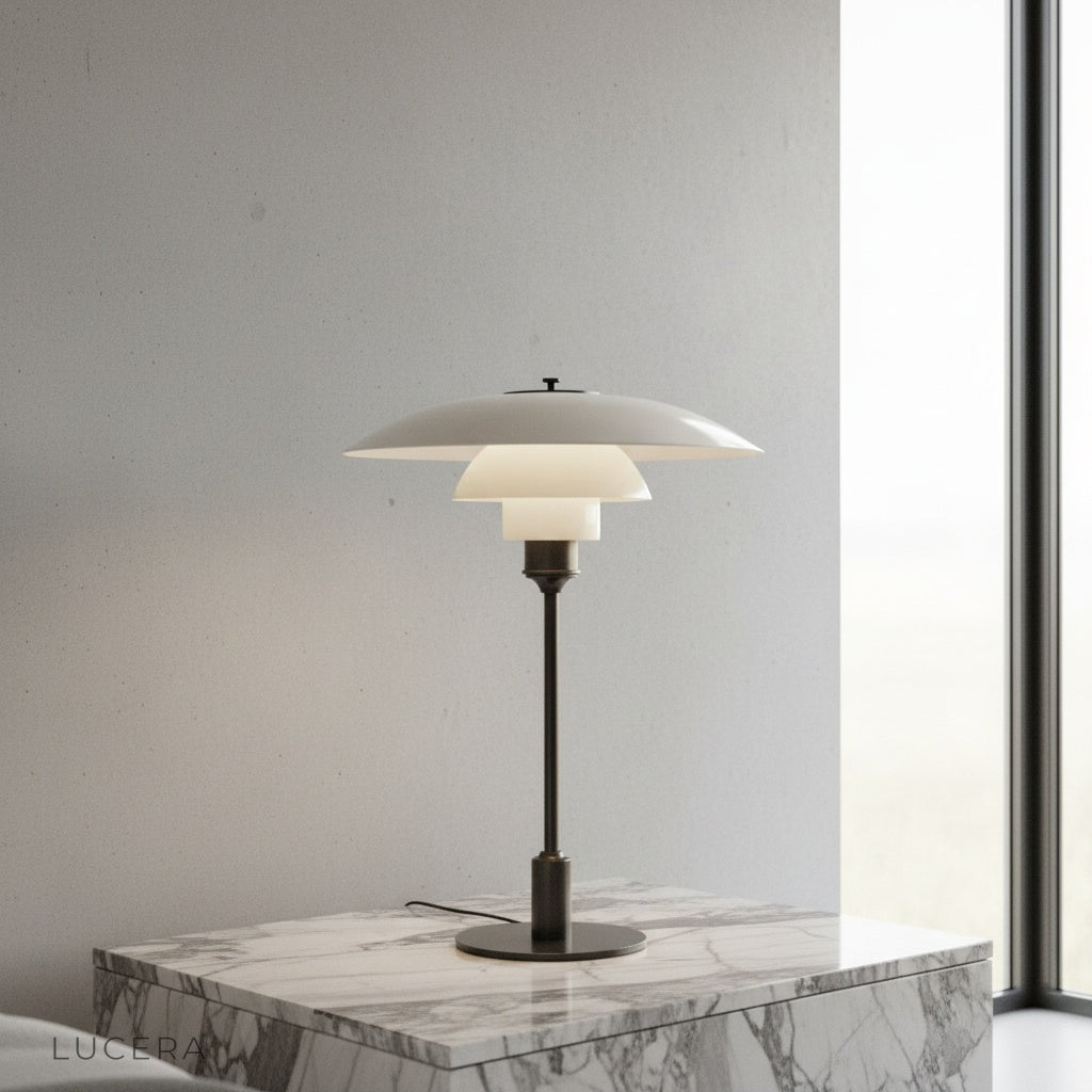 green glass baccarat table lamp on wooden bedside table in cozy bedroom