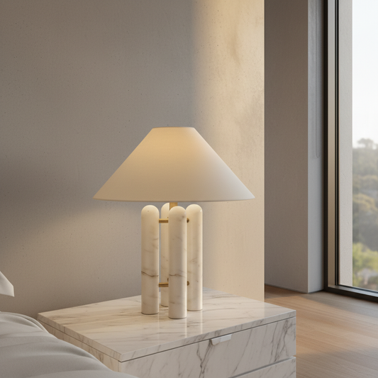 Oblate Table Lamp with marble base glowing on modern sideboard in contemporary living room