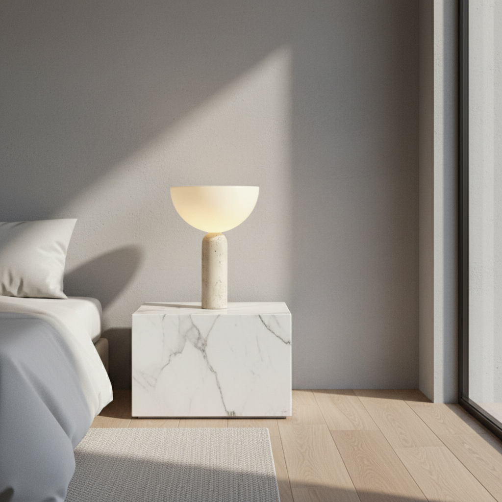 Tristan Table Lamp with travertine base and glass dome on modern living room sideboard