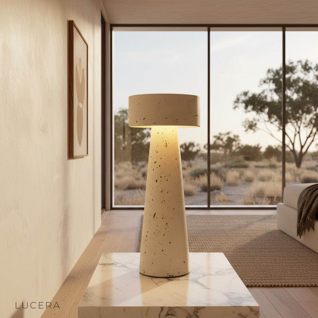 Xenodochium travertine table lamp glowing on wooden console in modern living room