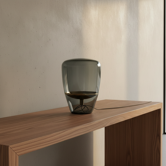 Sunburst Table Lamp glowing warmly on a wooden side table in a modern living room