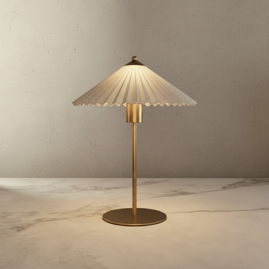 Dome Table Lamp with off-white pleated shade on wooden console in mid-century living room