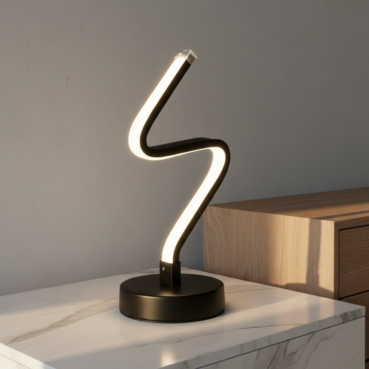 Zephyrine black table lamp glowing on modern living room sideboard