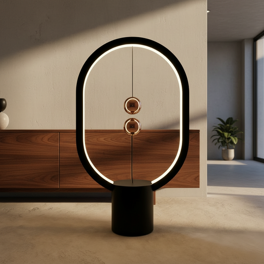 Vita Table Lamp by Lucera glowing warm white on modern wooden desk in cozy living room