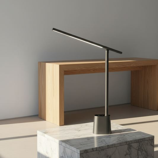 modern Silenzio table lamp on wooden desk in minimalist home office with warm ambient light
