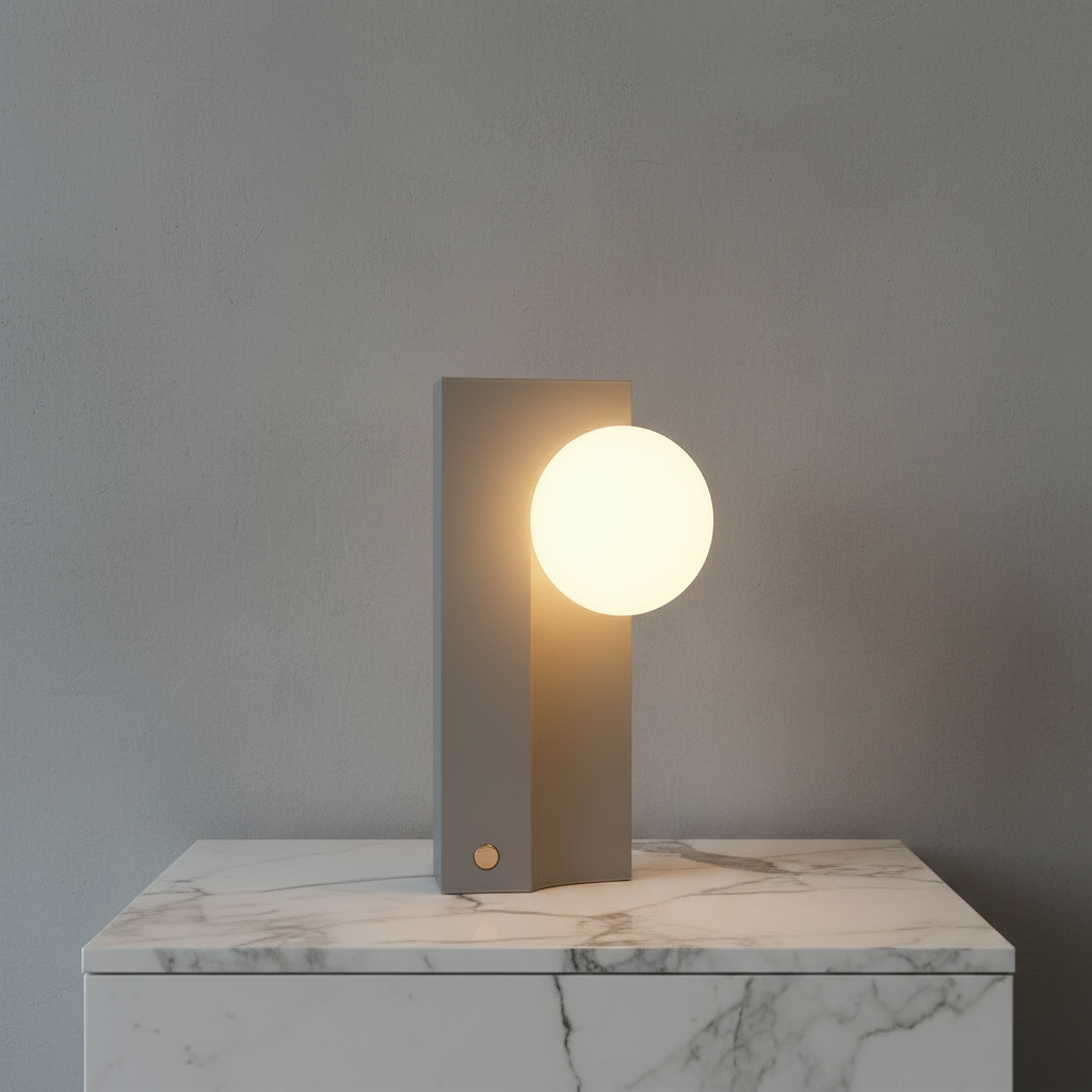 modern concrete table lamp on wooden sideboard in contemporary living room