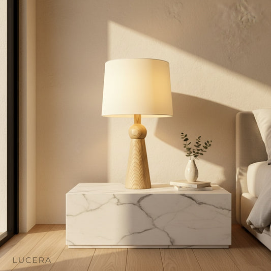 Rhapsody Table Lamp with fabric shade on wooden console in modern living room