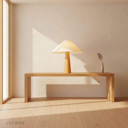 Kermes table lamp with wooden base and fabric shade on modern living room sideboard