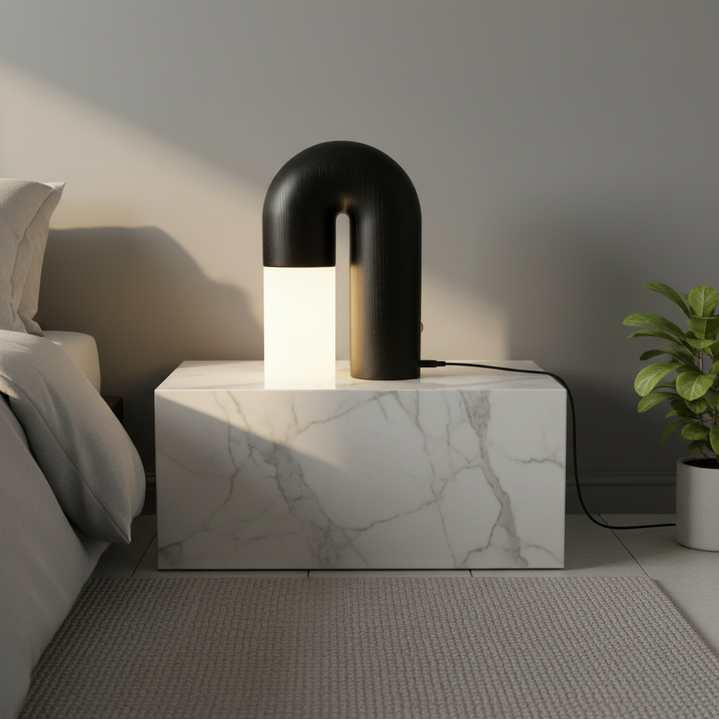 Vigil Table Lamp on oak nightstand with soft ambient glow in modern bedroom