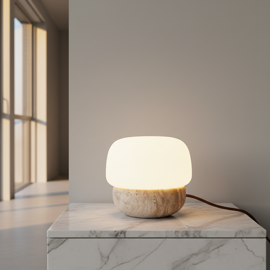 Jut Table Lamp on travertine base glowing warmly on a modern bedroom nightstand