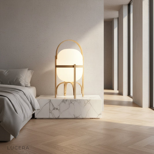 Aureolin table lamp with opal glass shade on wooden nightstand beside bed in cozy bedroom