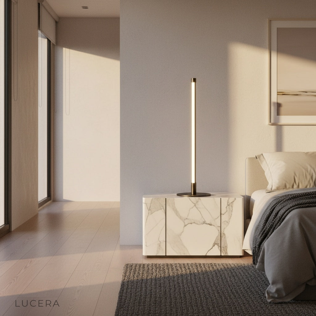 Pascal Table Lamp glowing warmly on a bedside table in a modern minimalist bedroom