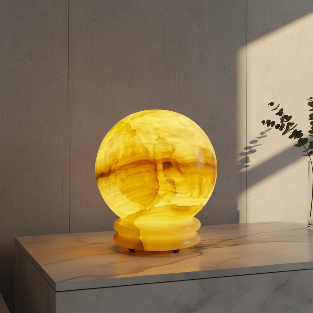 Tantalize Fornax marble table lamp on oak console in modern living room with warm ambient light