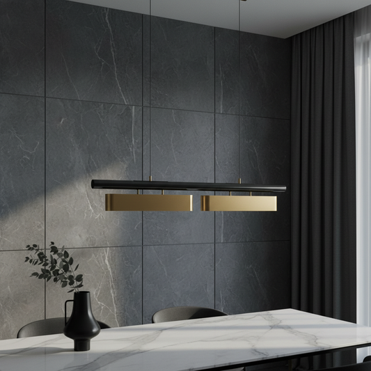 Fiorella Chandelier matte black horizontal light in modern living room with soft ambient glow