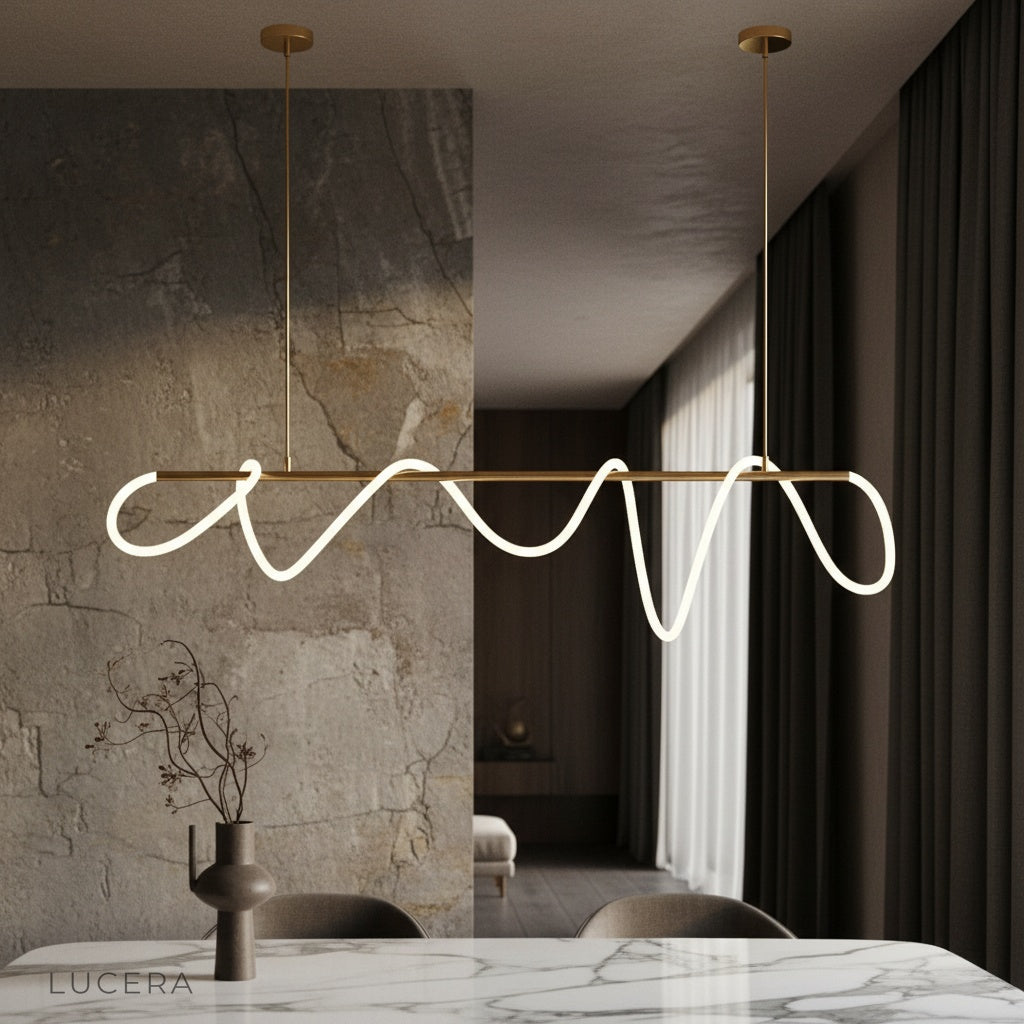 black cable chandelier with flexible LED tube illuminating modern living room