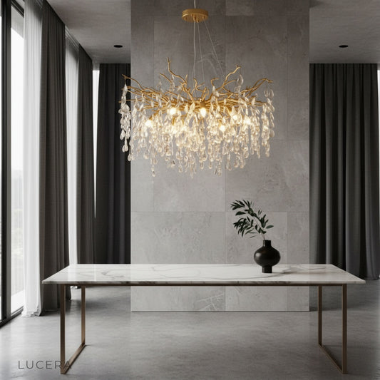 gold branch chandelier with crystal leaves in elegant living room