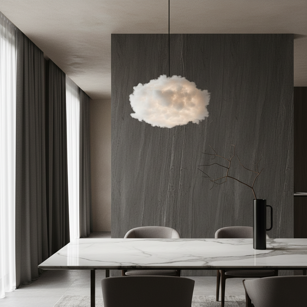 Whimsical Nine pendant light glowing warmly in a cozy modern living room with soft cotton and silk cloud shades