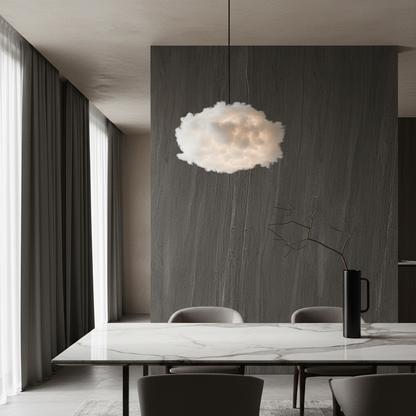 Whimsical Nine pendant light glowing warmly in a cozy modern living room with soft cotton and silk cloud shades