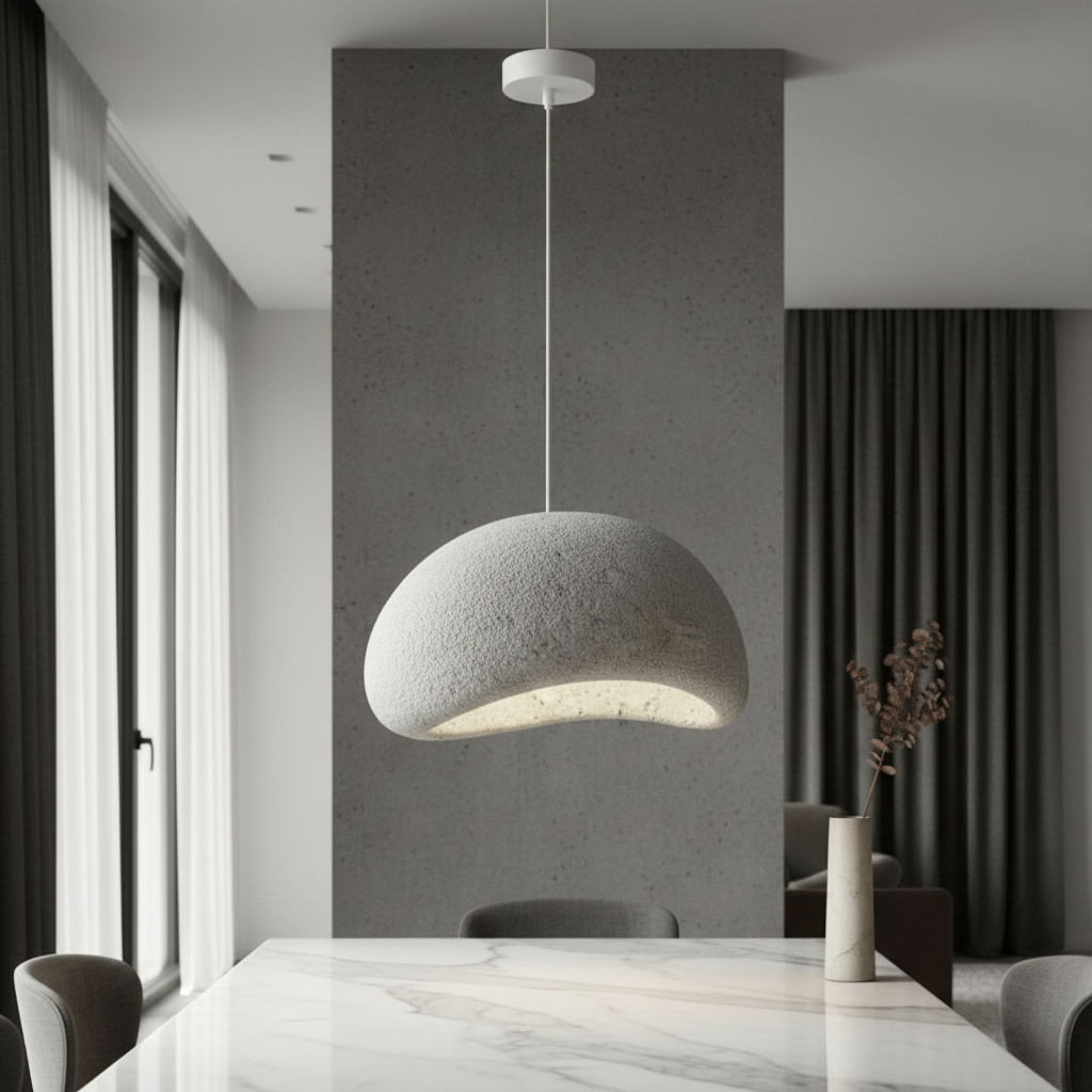 sand-colored pendant light in modern dining room with wooden table