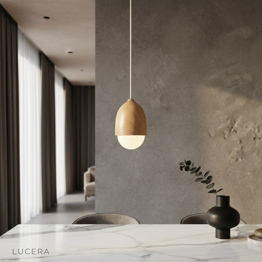 Holly wood-look pendant light illuminating a contemporary dining room with warm ambient glow